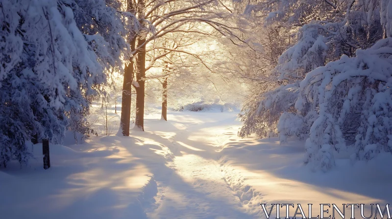 Snowy Forest in Winter Sunlight AI Image