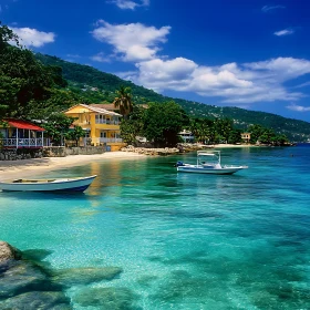 Tropical Island Beach with Boats and Clear Water