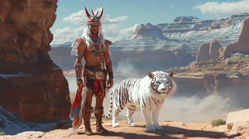 Man with Tiger in Arid Landscape