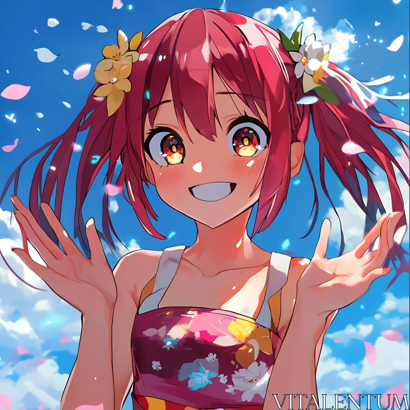 Smiling Anime Girl with Pigtails and Floral Dress AI Image