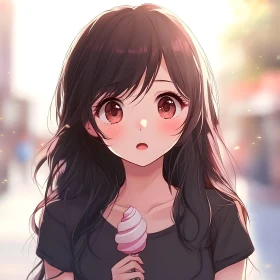 Surprised Anime Girl Holding Ice Cream