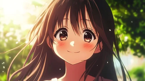 Anime Girl with Brown Hair Smiling Outdoors