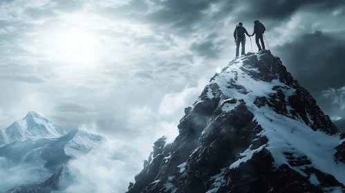 Summit Achieved: Hikers on Snowy Mountain