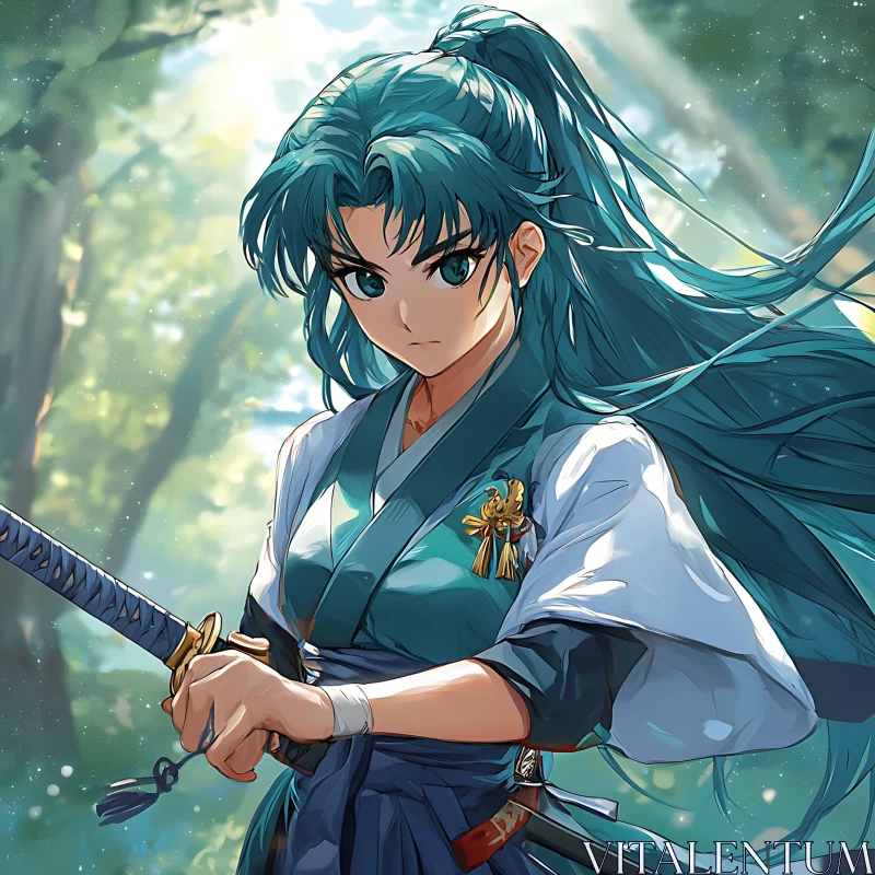 Samurai in Forest Anime Illustration AI Image