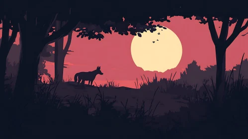 Wolf in Moonlight Landscape Illustration