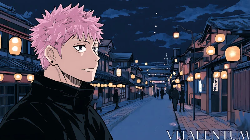 Anime Figure with Pink Hair in a Traditional Japanese Night Scene AI Image