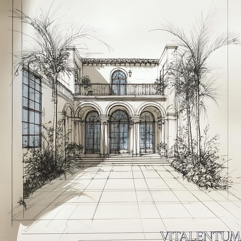 Architectural Sketch of a Mediterranean Courtyard AI Image