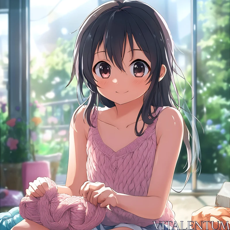 Cozy Anime Girl With Yarn AI Image