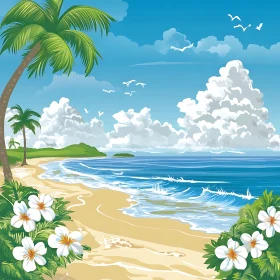 Tropical Beach with White Flowers