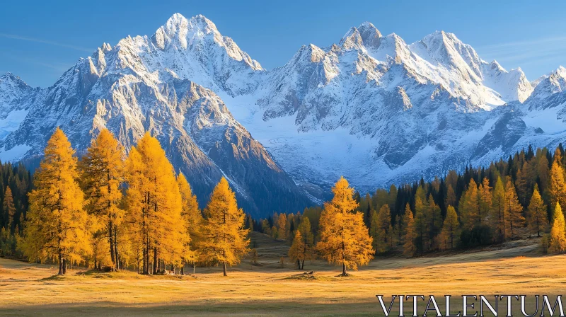 Snowy Peaks and Autumnal Trees AI Image