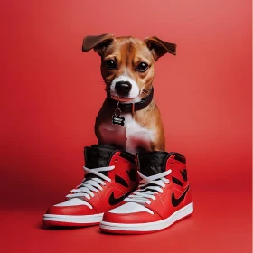 Cute Pup in Sneakers on Red Backdrop