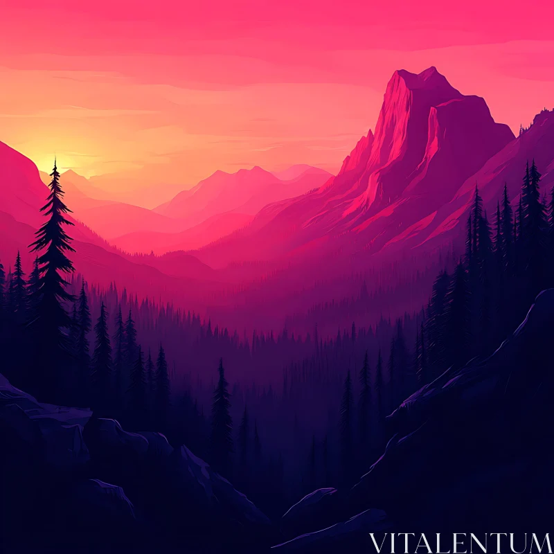 AI ART Mountain Sunset with Pink Sky