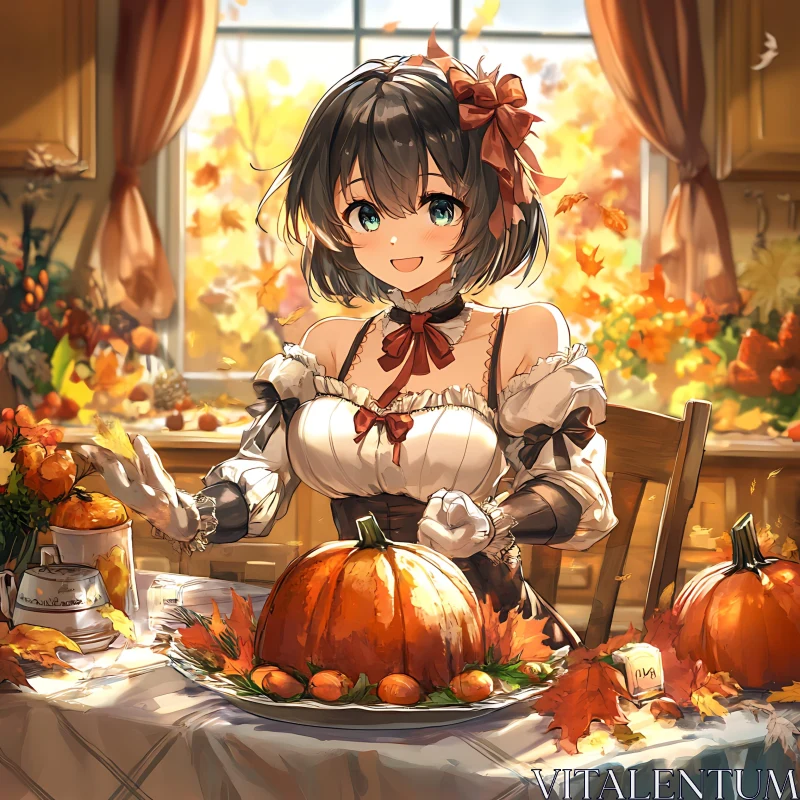 Festive Autumn Kitchen with Pumpkin Anime Girl AI Image