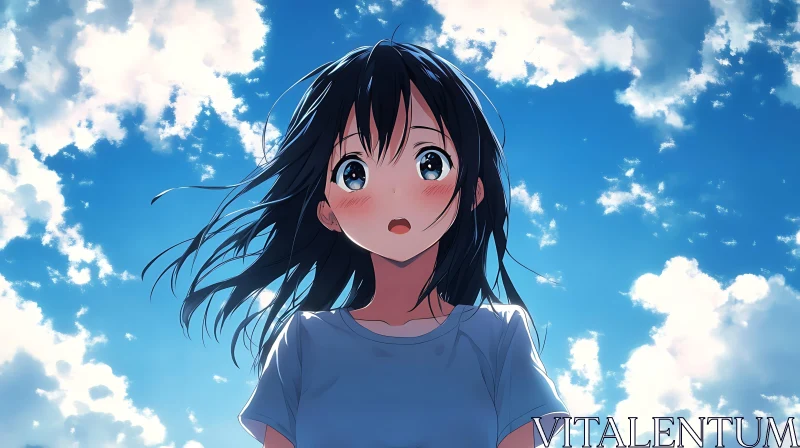 Blue Sky Anime Girl AI Image