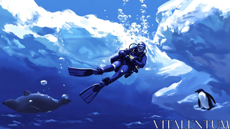 Oceanic Trio: Diver, Seal, and Penguin Encounter AI Image