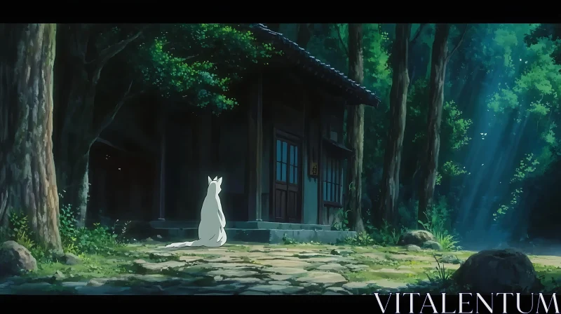 Tranquil Woodland Home with Mysterious White Fox AI Image