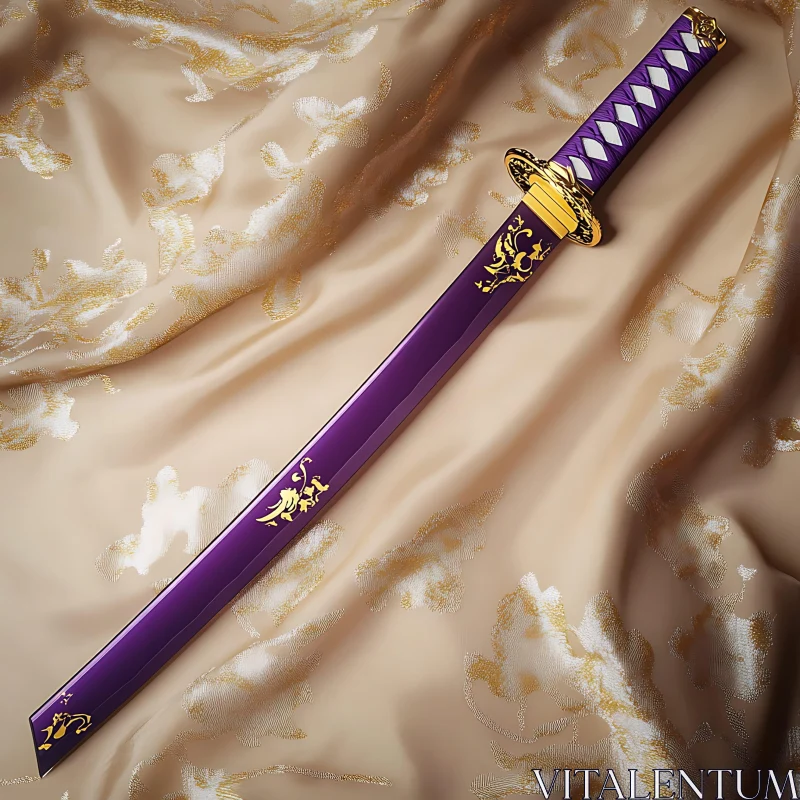 Intricate Purple Katana with Golden Details on Silk AI Image