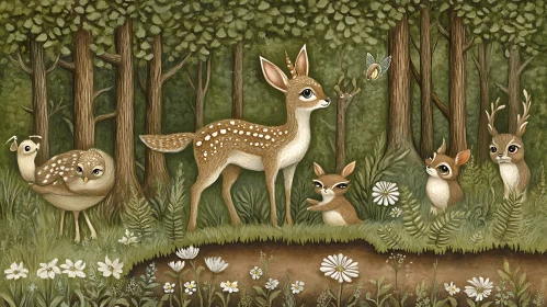 Forest Wildlife Scene with Deer and Butterfly