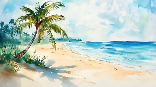 Watercolor Painting of a Palm Tree Beach