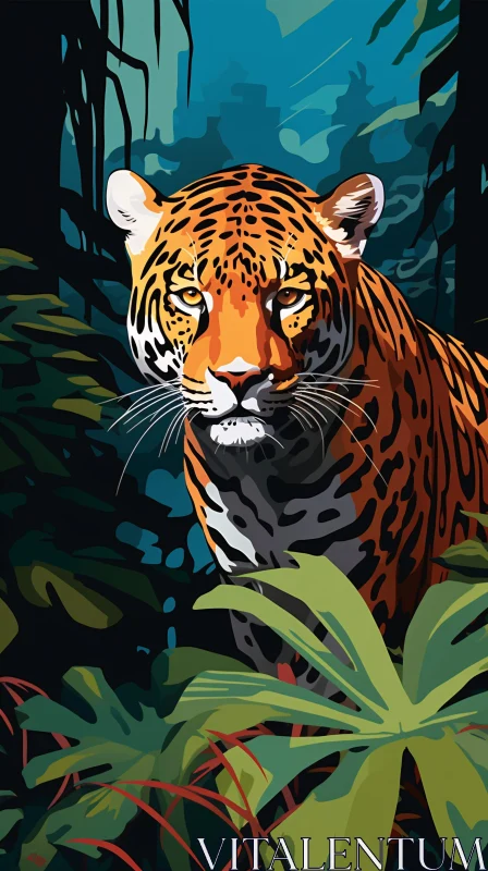 Wild Jaguar in Tropical Forest Illustration AI Image