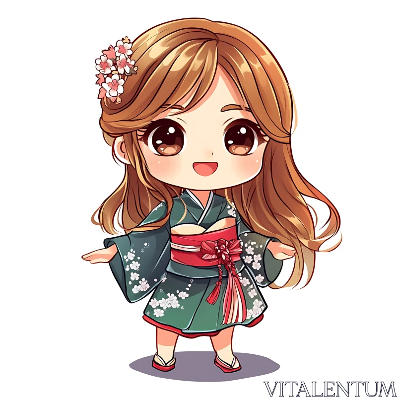 Cute Chibi Girl in Green Kimono AI Image