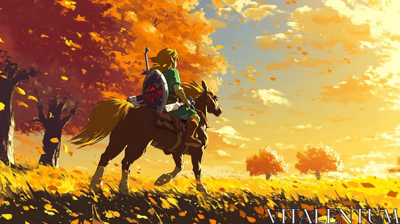 Autumn Adventure: Warrior and Horse in Golden Field AI Image