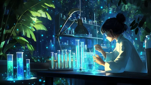 Scientist in Bioluminescent Laboratory