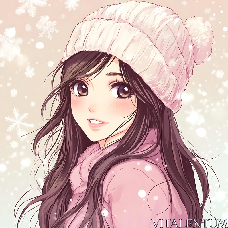 Snowy Anime Girl with Knit Hat AI Image