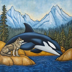 Orca and Wolf by the Mountain Lake