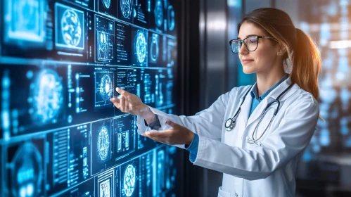 Doctor Analyzing Medical Scans on Digital Display