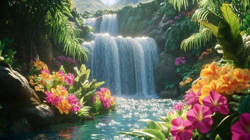 Tropical Oasis with Cascading Waterfall and Colorful Flowers