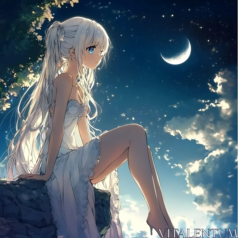 Anime Girl Gazing at Moon AI Image