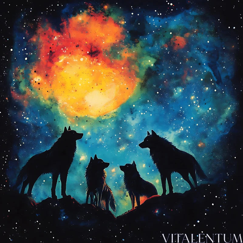 AI ART Starry Night Wolves Pack Illustration