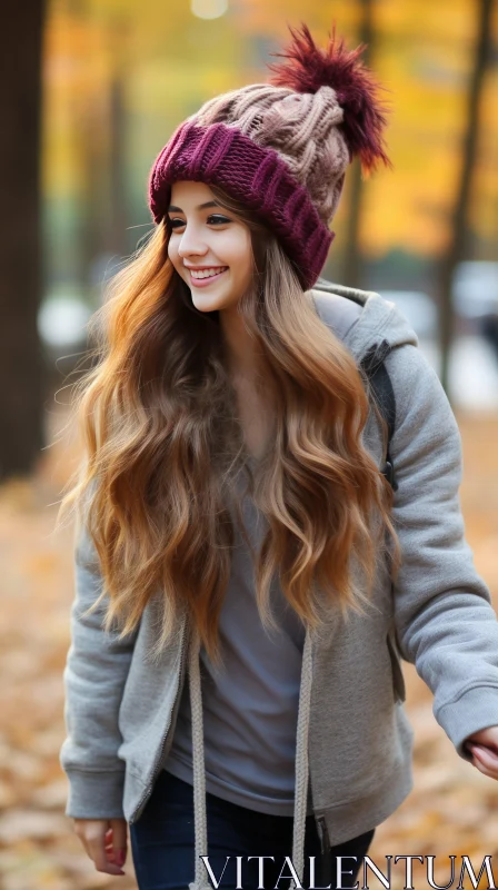 Captivating Image of a Girl in a Sweater and Beanie Walking Through the Park AI Image