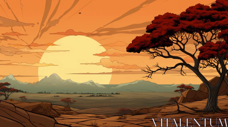Comic Art Style Desert Landscape at Sunset AI Image