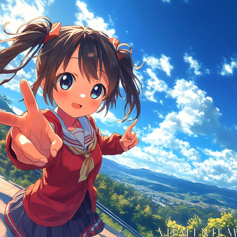 Cheerful Anime Girl in Vibrant Landscape AI Image