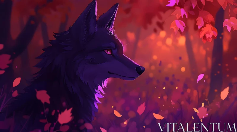 Purple Wolf in Red Forest AI Image