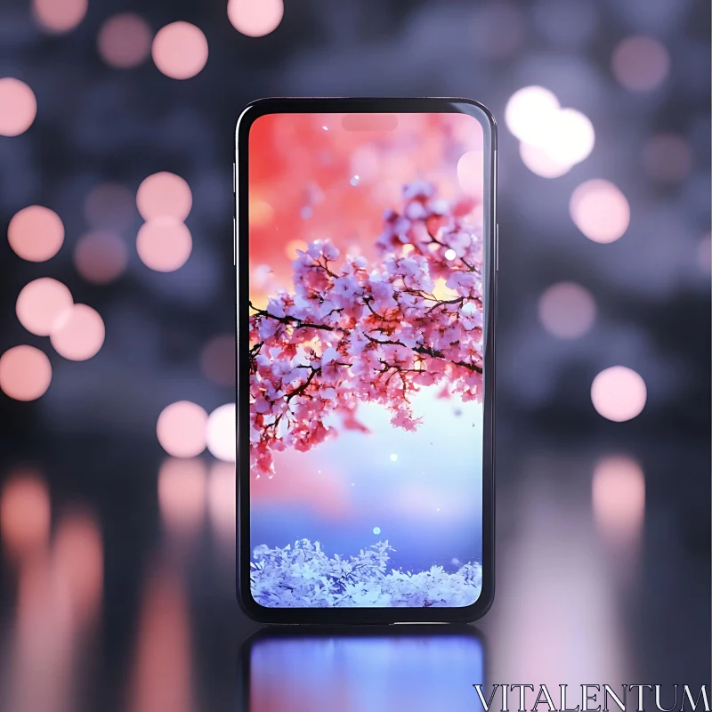 Smartphone with Cherry Blossoms and Bokeh Background AI Image