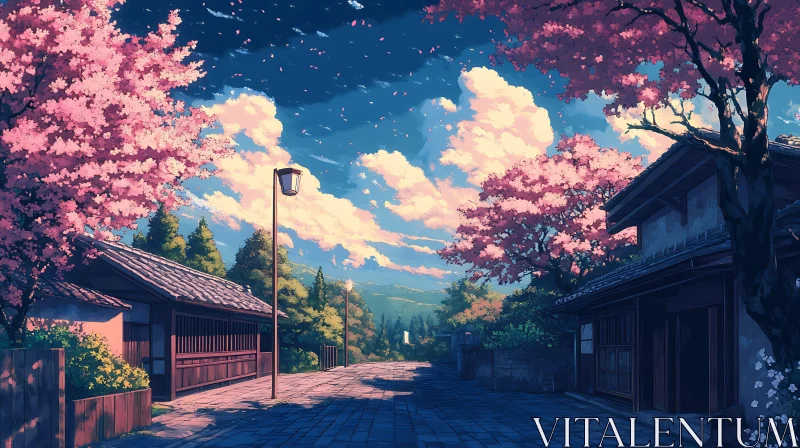 Tranquil Anime Street with Blooming Cherry Blossoms AI Image