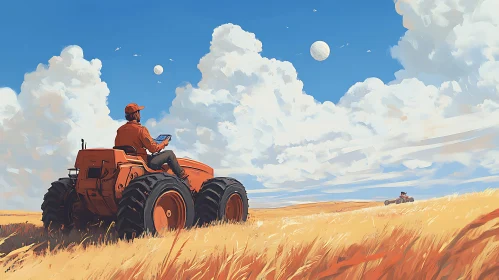 Agricultural Scene with Tractor and Farmer