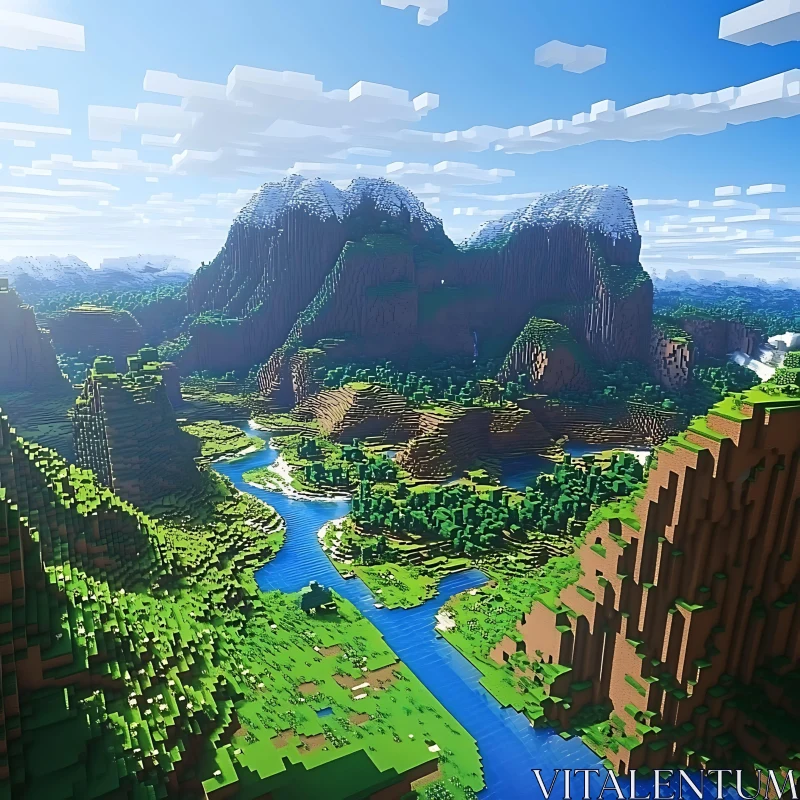 AI ART Blocky Mountain River Landscape