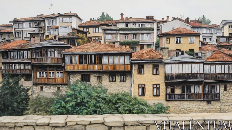 Historic Village Houses with Wooden Facades and Red-Tiled Roofs AI Image