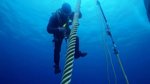 Scuba Diver on Rope in Ocean