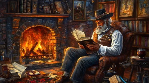 Man Reading Book Near Fireplace