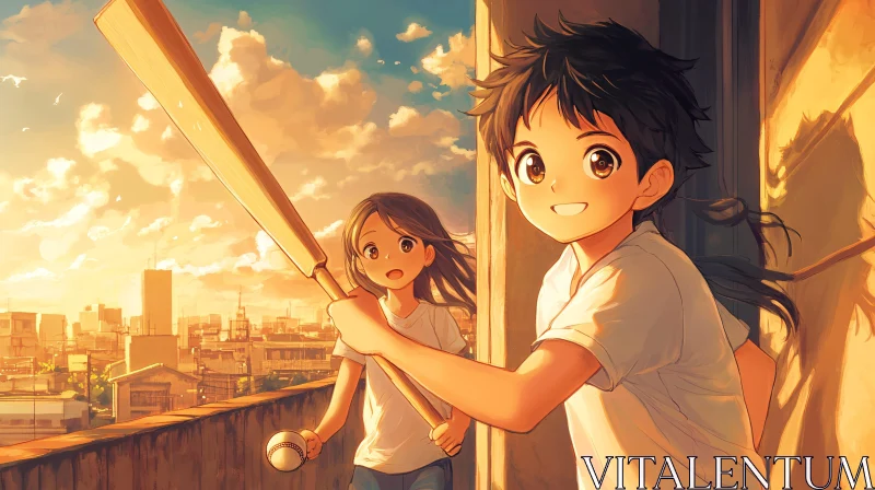 AI ART Anime Sunset Baseball Game