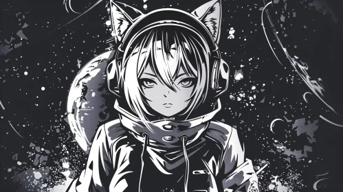 Futuristic Anime Art with Cat-Eared Character in Space