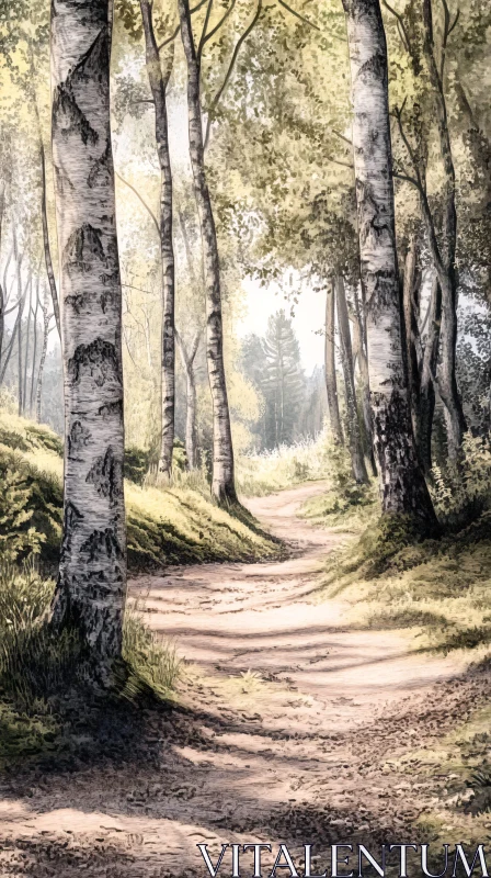 AI ART Peaceful Wooded Trail with Sunlit Birch Trees