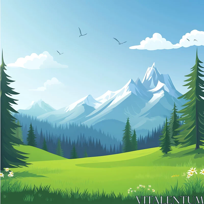 AI ART Scenic Mountain View with Green Meadow