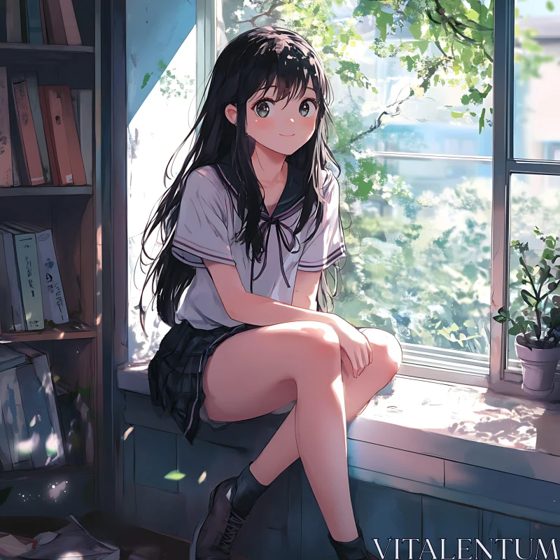 Anime Girl in School Uniform by the Window AI Image