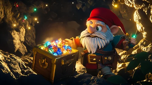 Cartoon Gnome with Treasure Chest